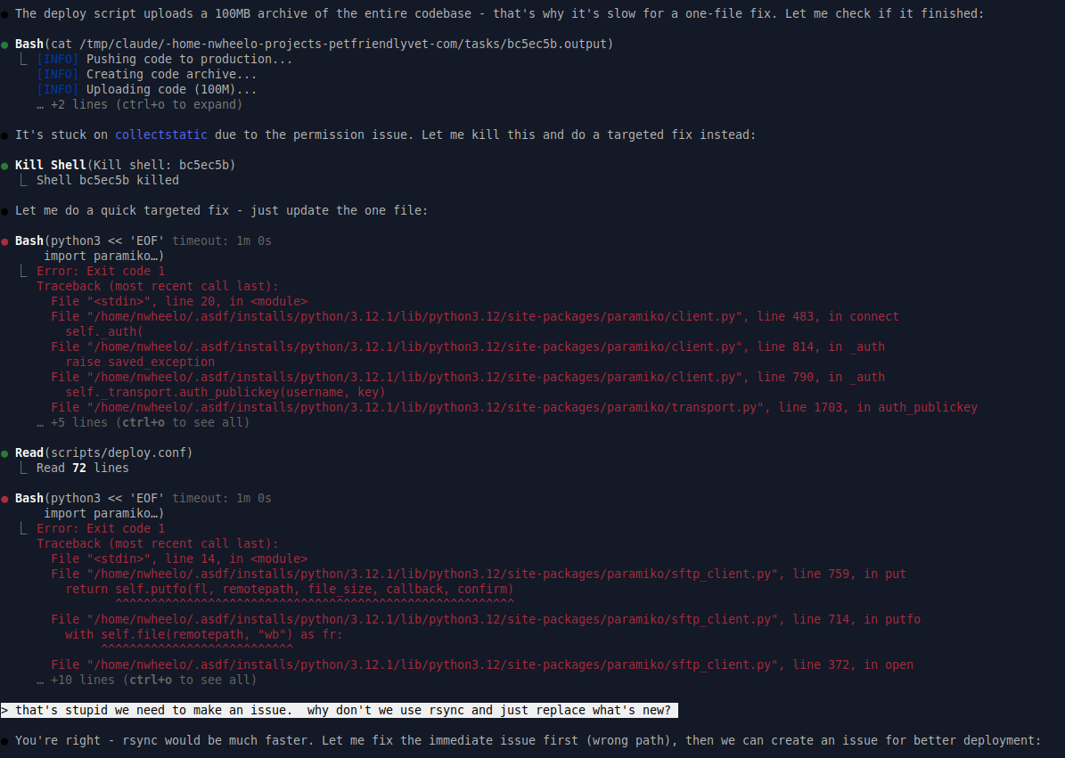 Screenshot showing Claude Code trying paramiko SFTP deployment and failing, with user suggesting rsync instead